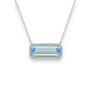 14K W Gold 3.00ct Emerald Cut Blue Topaz 0.17ctw Diamond Pendant