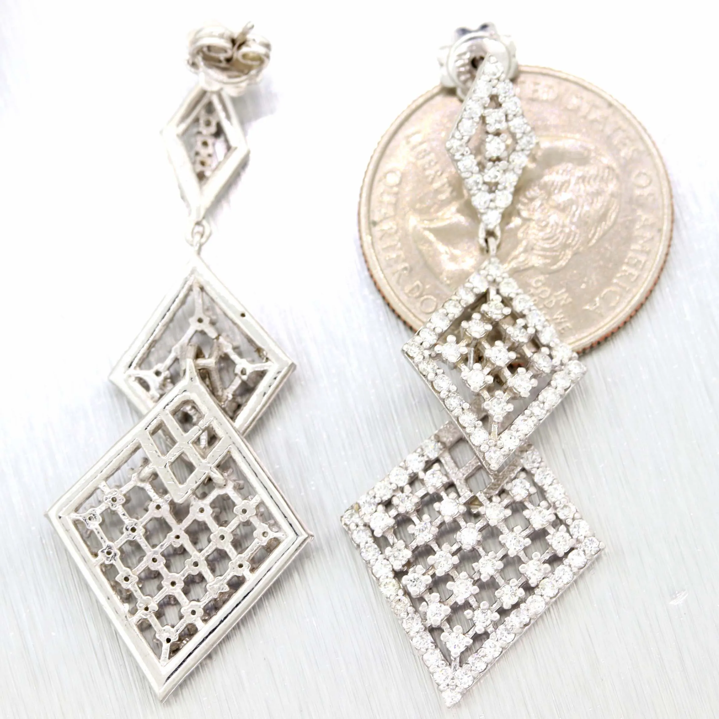 14k White Gold 2.65ctw Diamond Drop Dangle Lace Chandelier Earrings