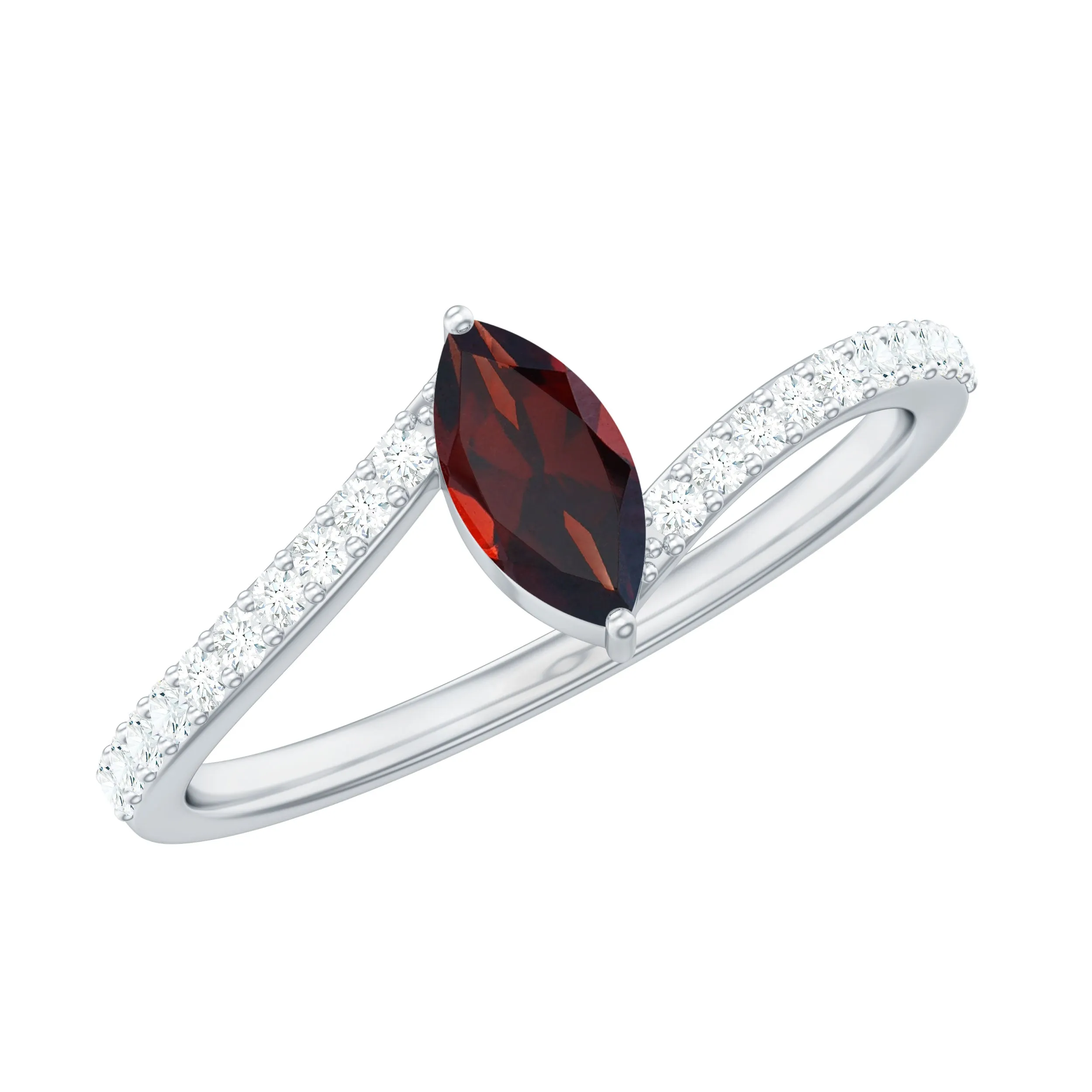 3/4 Ct Bypass Engagement Ring with Garnet and Diamond