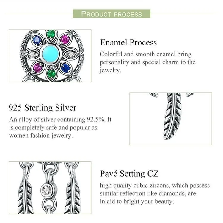 925 Sterling Silver Bohemian Dream Catcher Pendant Necklace Charm Jewelry Without Chain