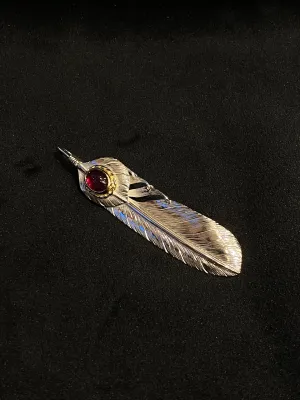 Albatory Top Silver 18K Gold Cup Silver Feather Pendant L W/ Garnet