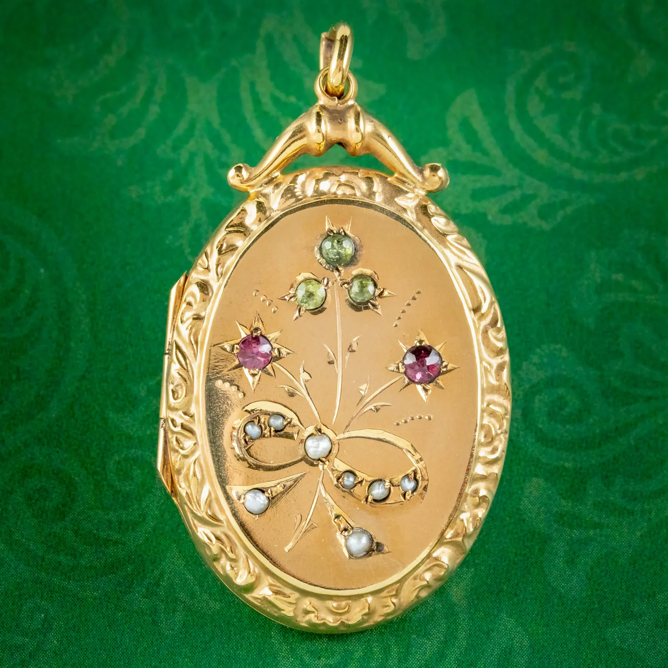 Antique Edwardian Suffragette Gold Floral Locket Amethyst Pearl Peridot Circa 1910