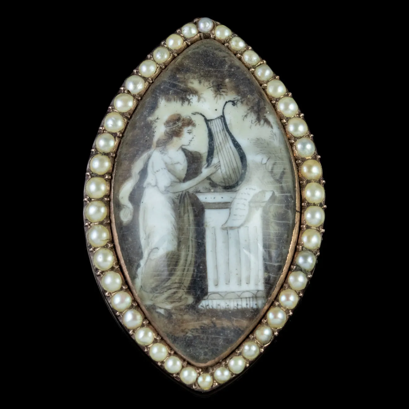 Antique Georgian Sepia Miniature Painting Pearl 18Ct Rose Gold Circa 1830
