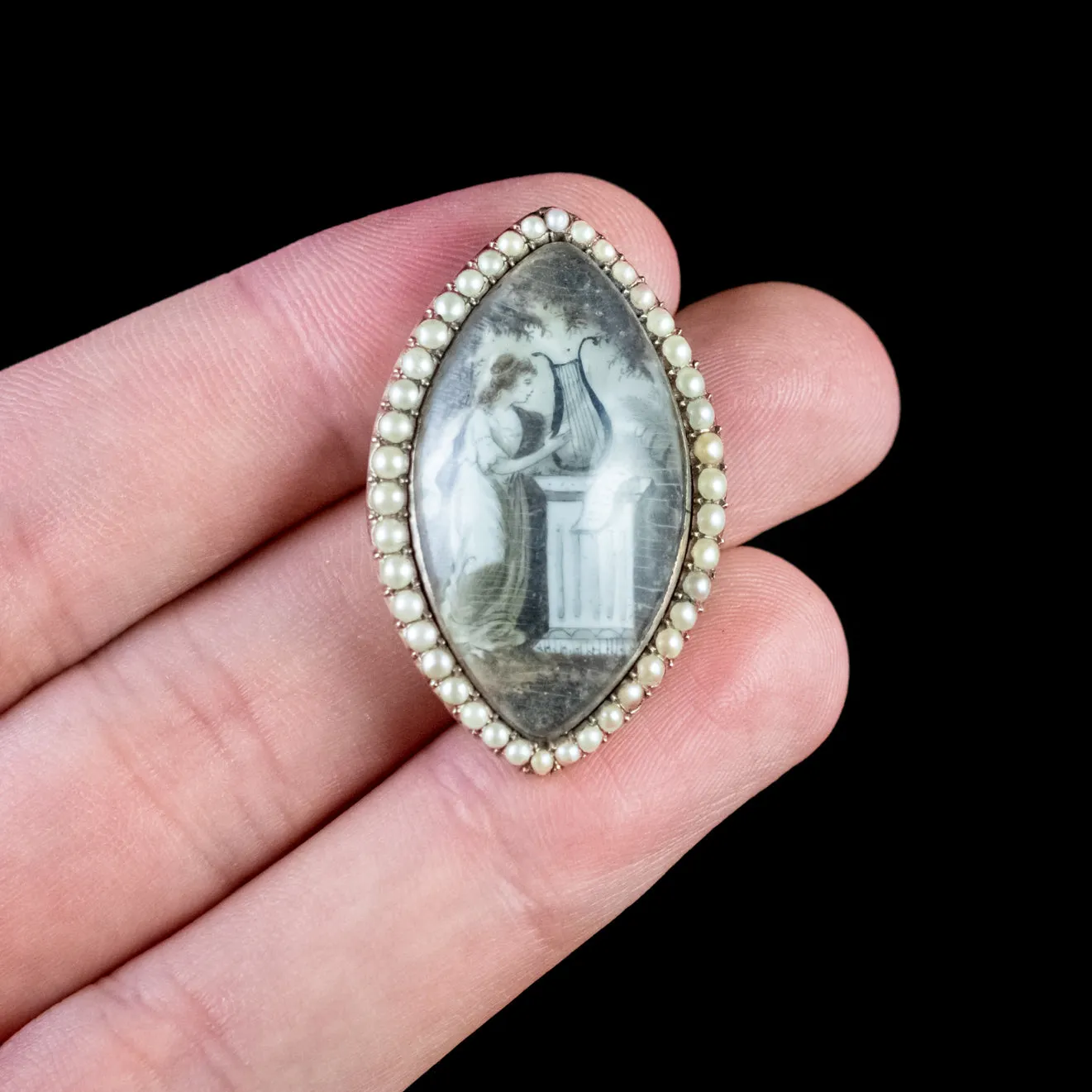 Antique Georgian Sepia Miniature Painting Pearl 18Ct Rose Gold Circa 1830
