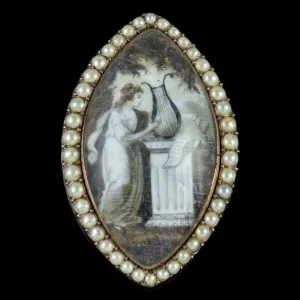 Antique Georgian Sepia Miniature Painting Pearl 18Ct Rose Gold Circa 1830