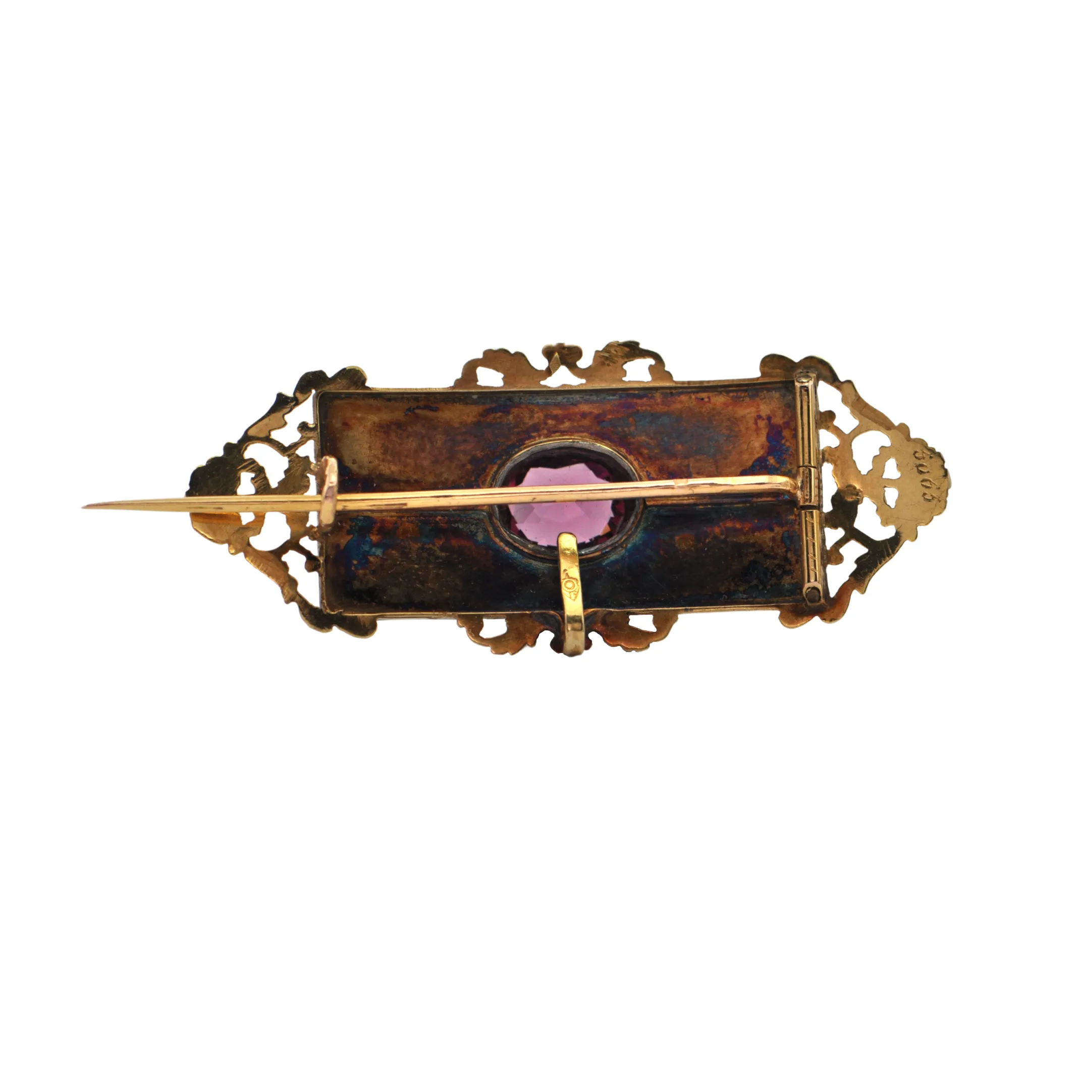 Antique Rhodolite Garnet and Enamel Gold Brooch