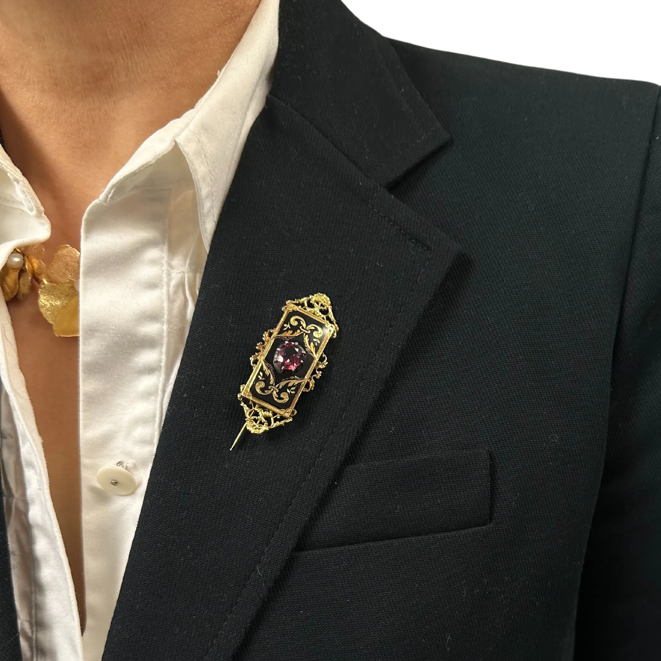 Antique Rhodolite Garnet and Enamel Gold Brooch