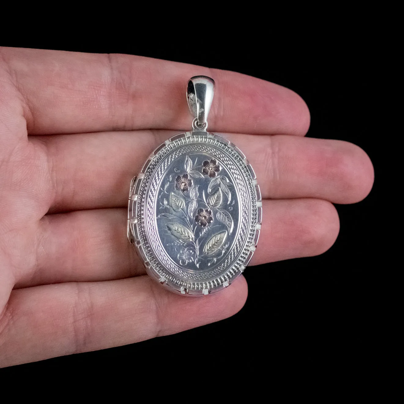 Antique Victorian Forget Me Not Locket Sterling Silver Gold Dated 1883