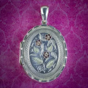 Antique Victorian Forget Me Not Locket Sterling Silver Gold Dated 1883