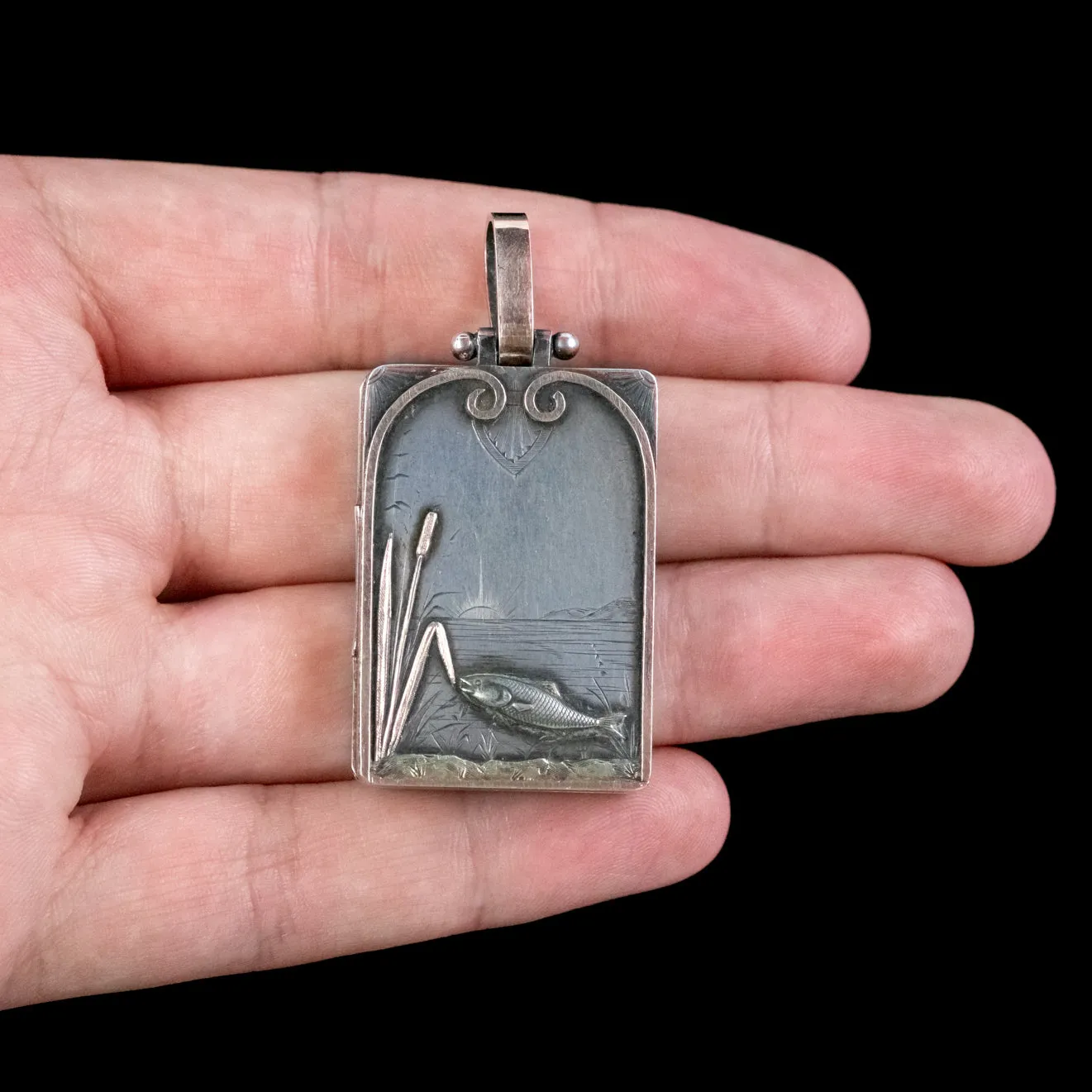 Antique Victorian Silver Fish Locket Pendant Circa 1880