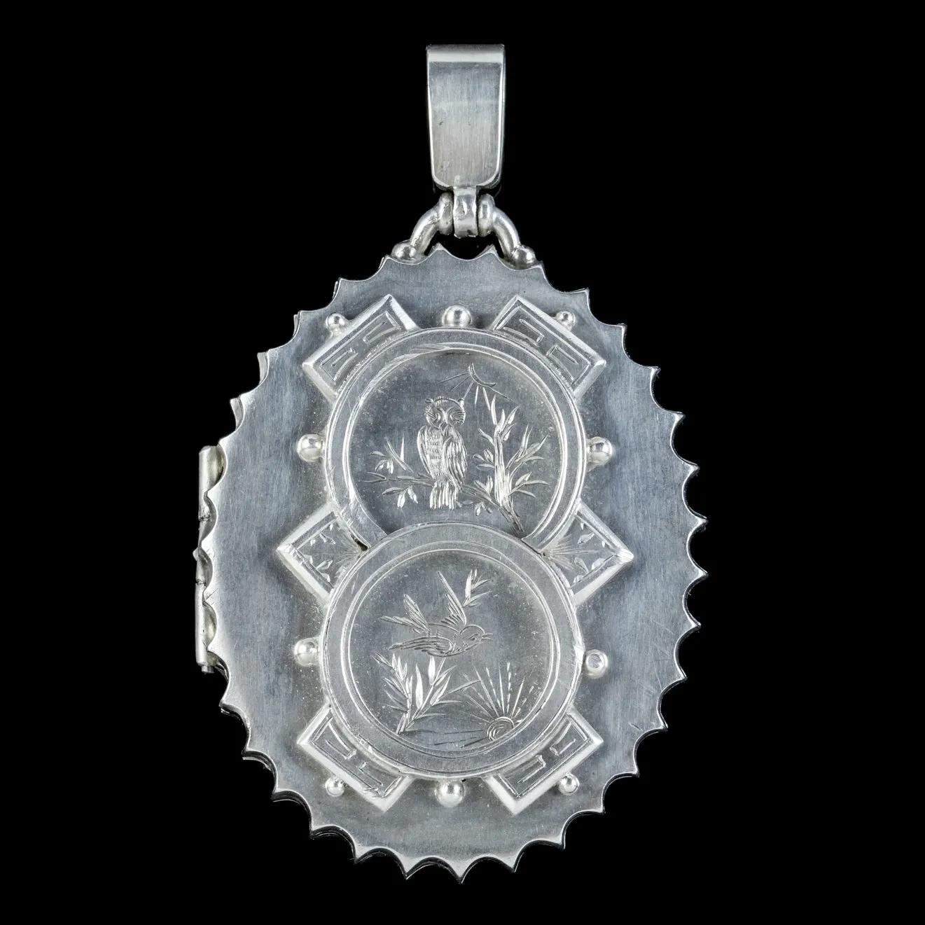 Antique Victorian Silver Owl And Swallow Locket Circa 1890