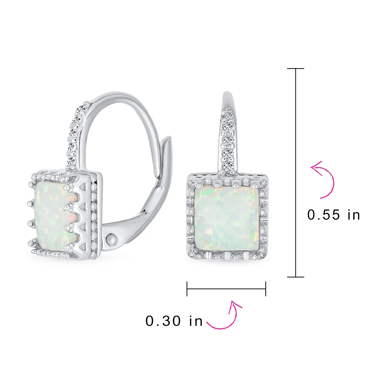 Art Deco Style Princess Cut Solitaire White Opal Drop Earrings Sterling Silver