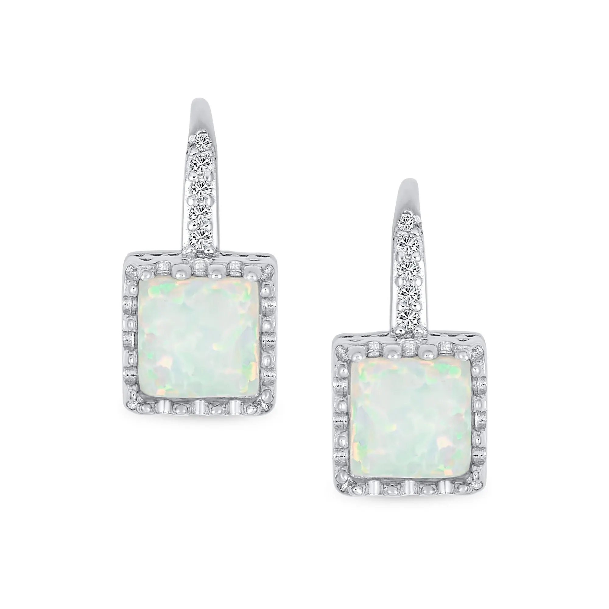 Art Deco Style Princess Cut Solitaire White Opal Drop Earrings Sterling Silver