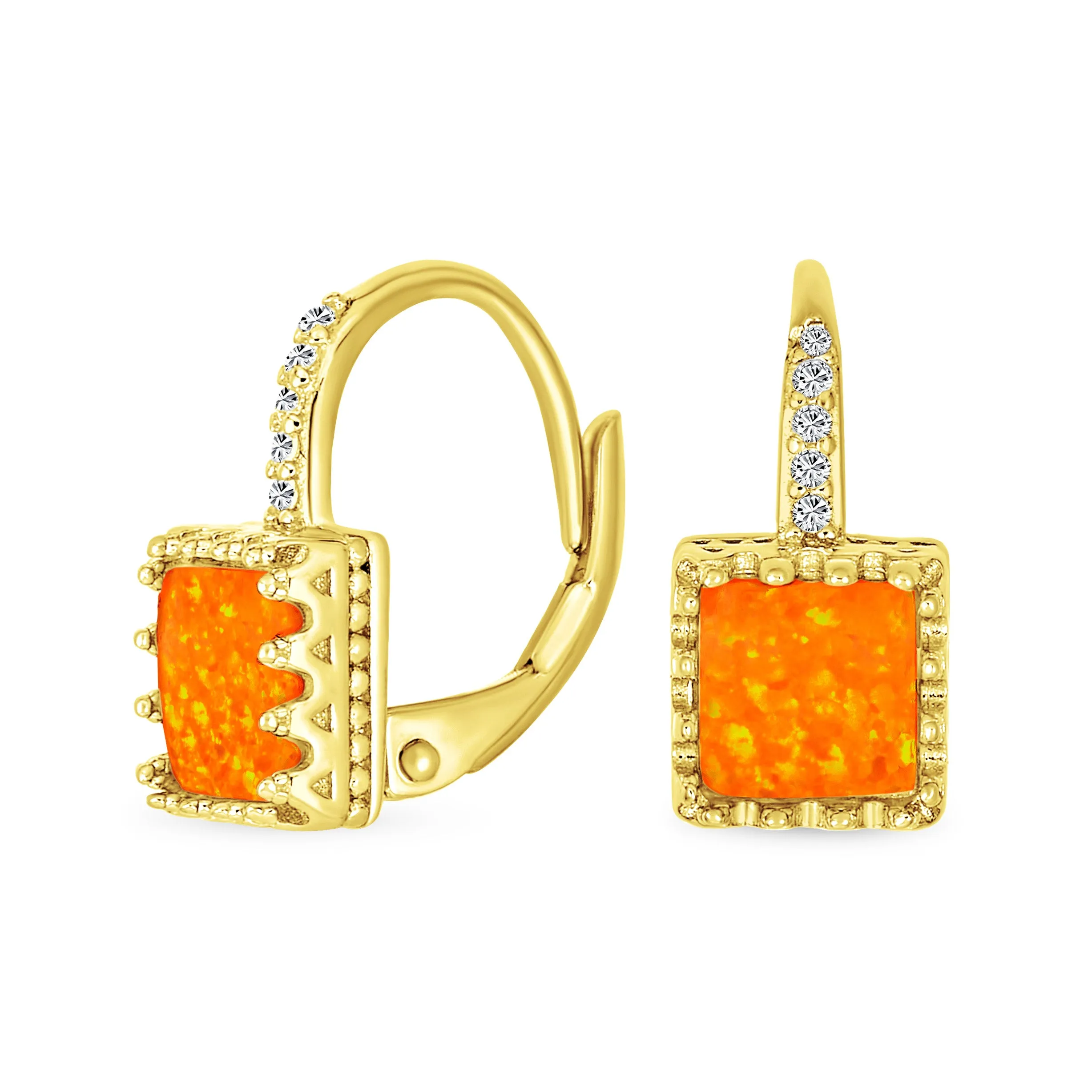 Art Deco Style Princess Cut Solitaire White Opal Drop Earrings Sterling Silver
