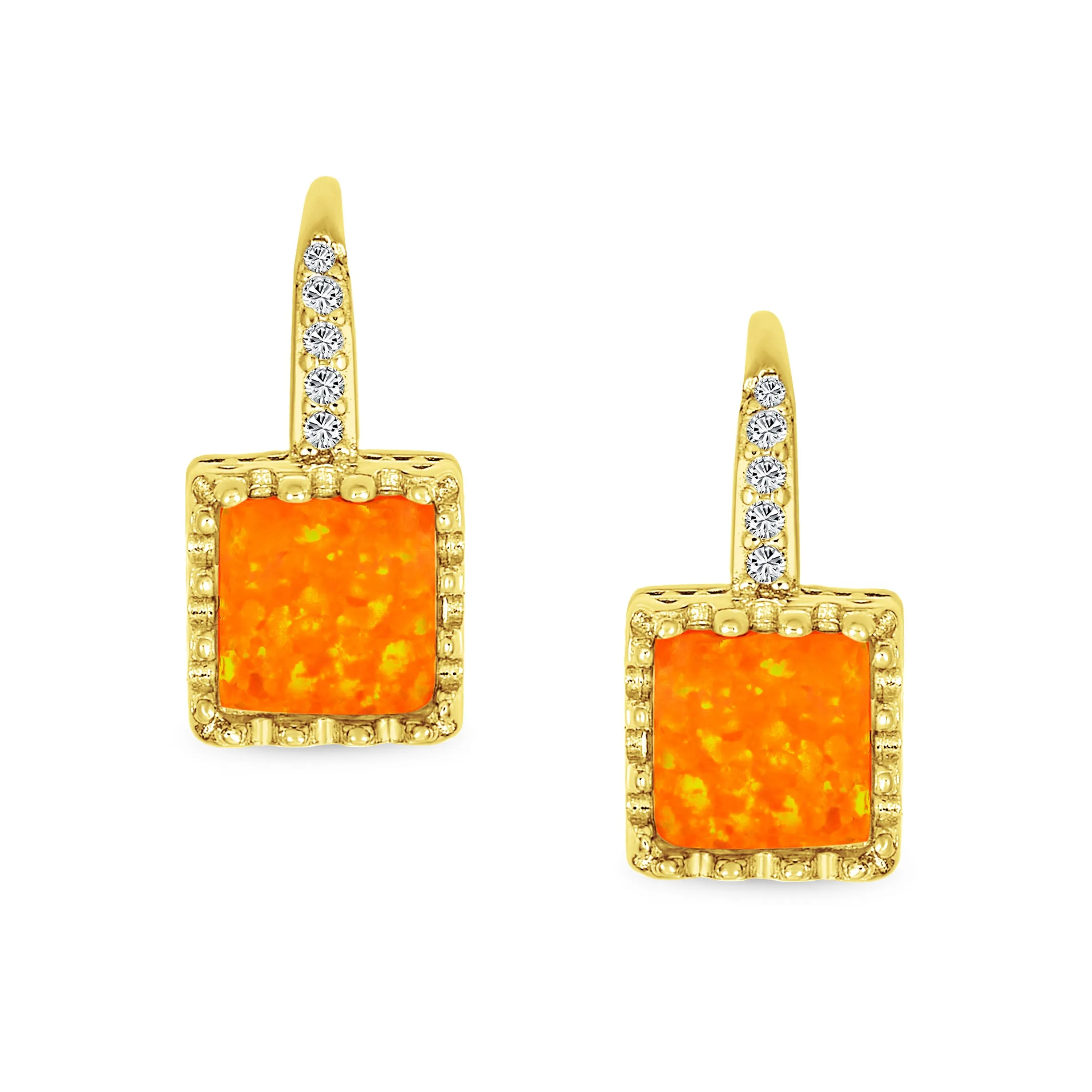 Art Deco Style Princess Cut Solitaire White Opal Drop Earrings Sterling Silver