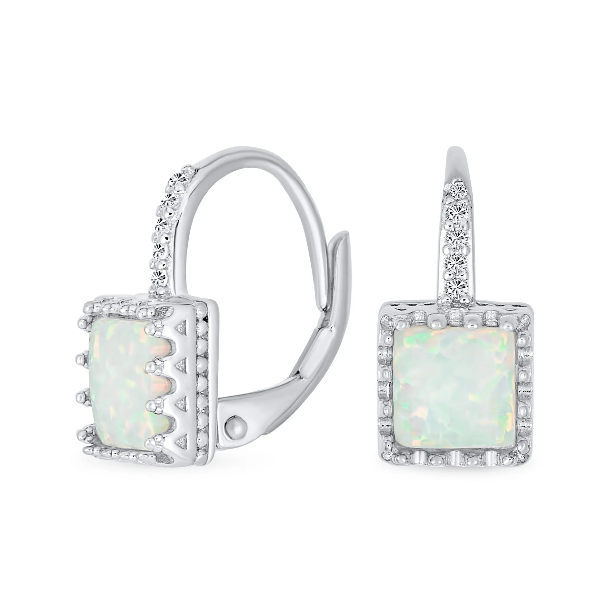 Art Deco Style Princess Cut Solitaire White Opal Drop Earrings Sterling Silver