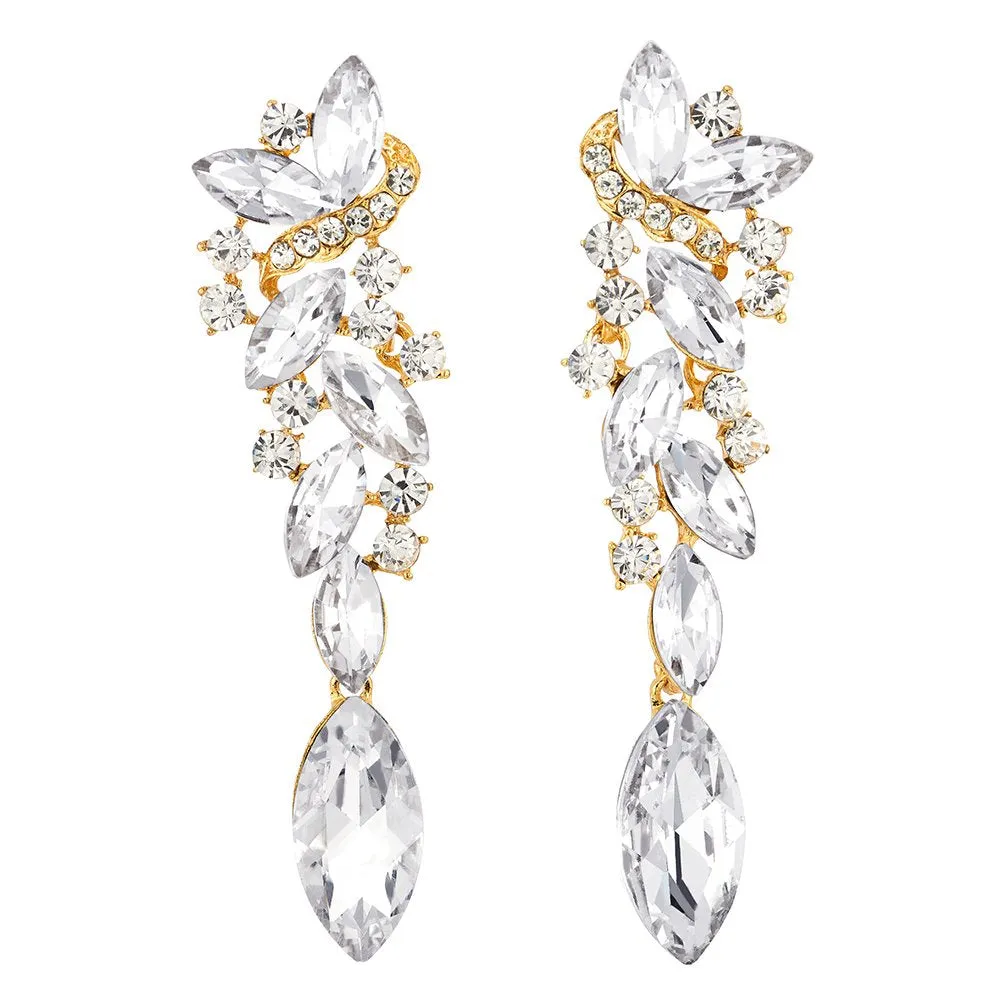 Art Deco Wedding Bridal Party Rhinestone Marquise Cluster Chandelier Long Dangle Statement Earrings