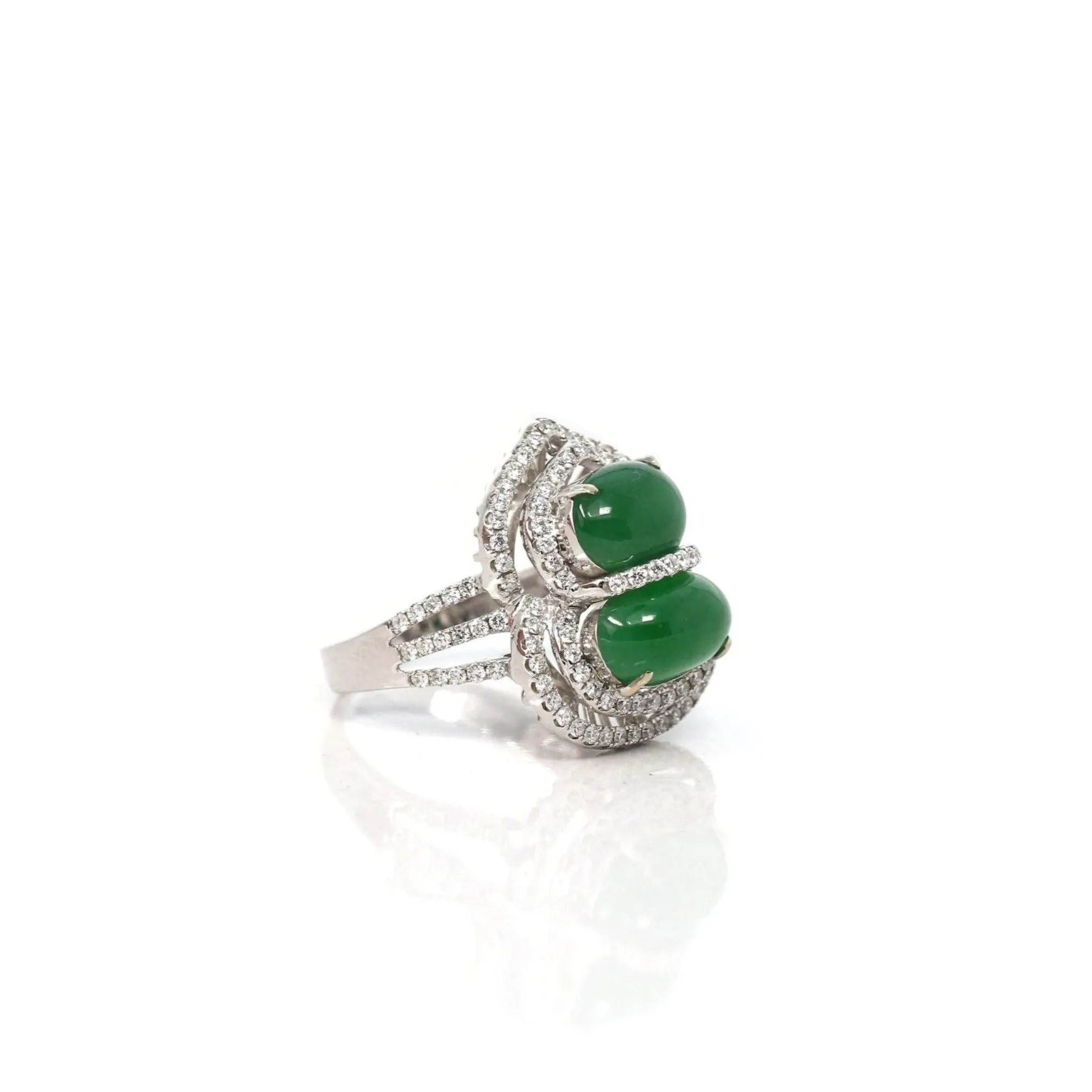 Baikalla 18k White Gold Natural Imperial Green Jadeite Jade Engagement Ring With Diamonds