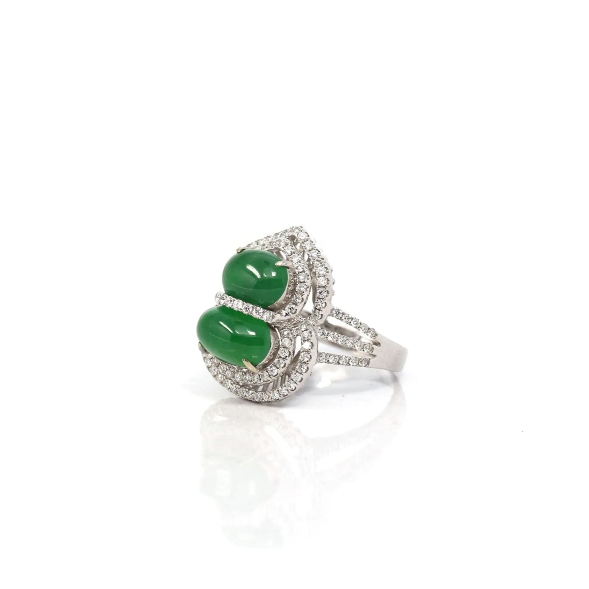Baikalla 18k White Gold Natural Imperial Green Jadeite Jade Engagement Ring With Diamonds