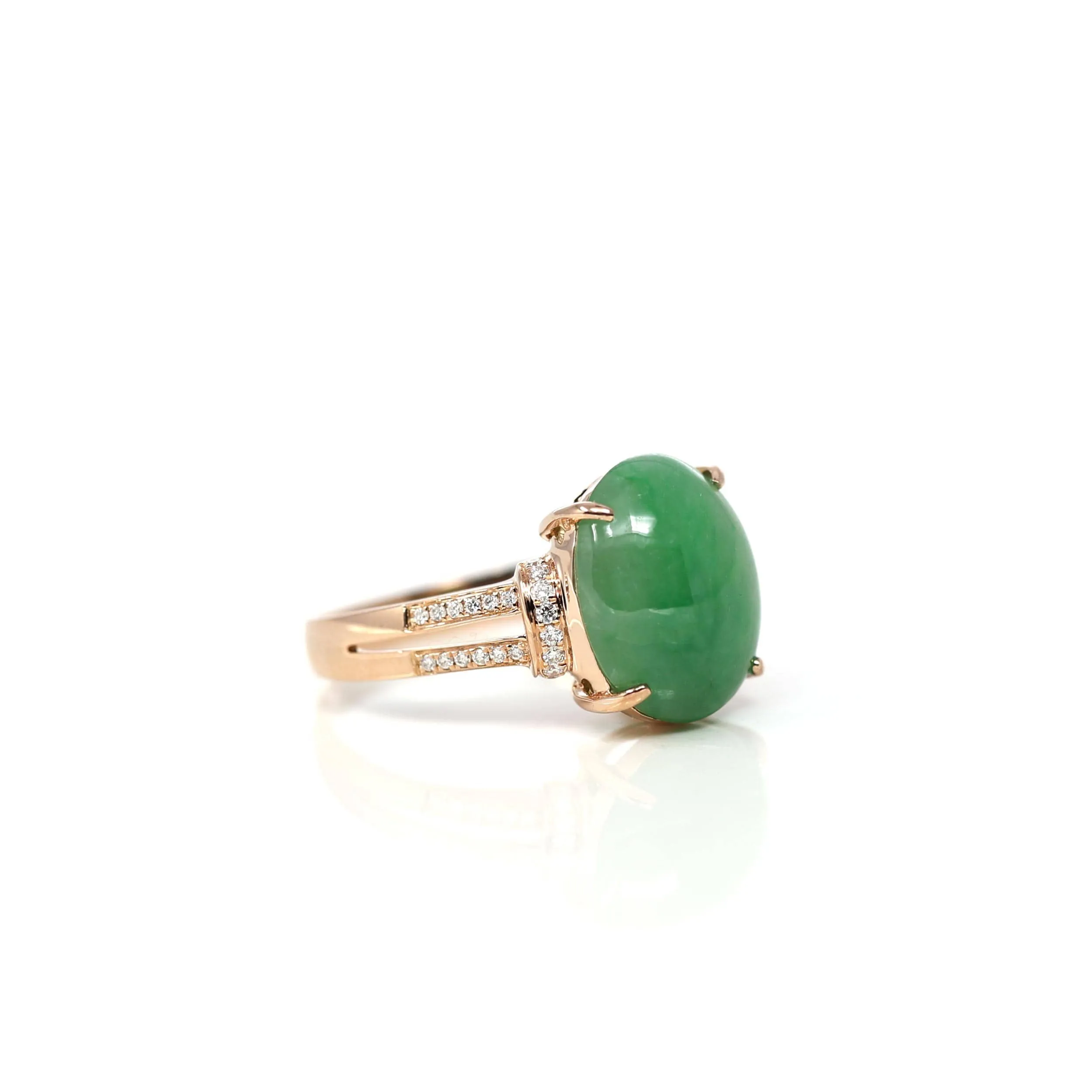 Baikalla18k Rose Gold Natural Imperial Green Oval Jadeite Jade Engagement Ring With Diamonds