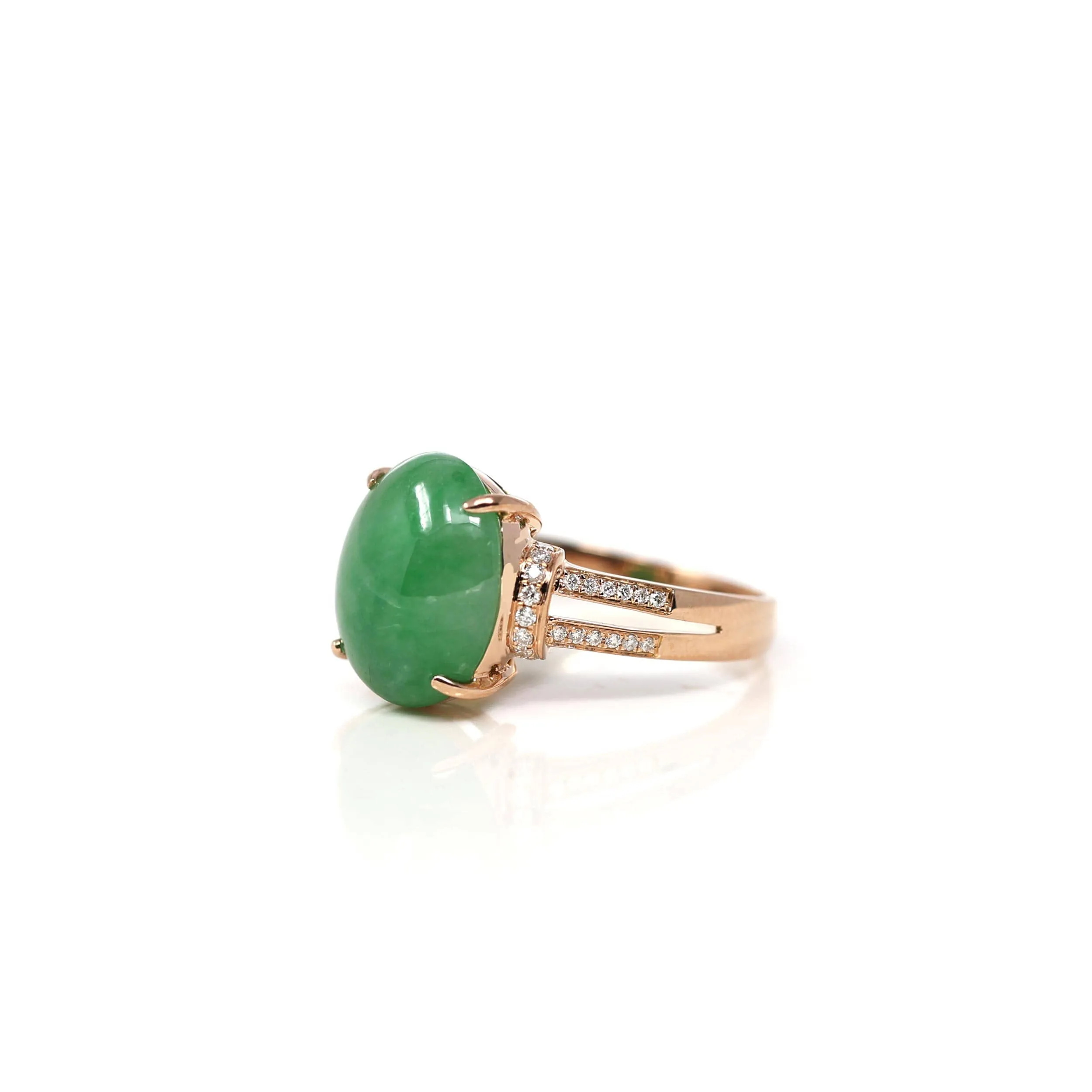 Baikalla18k Rose Gold Natural Imperial Green Oval Jadeite Jade Engagement Ring With Diamonds