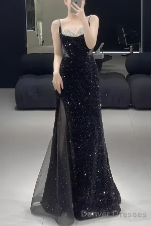 Beautiful Mermaid Straps Slit Black Long Prom Dress