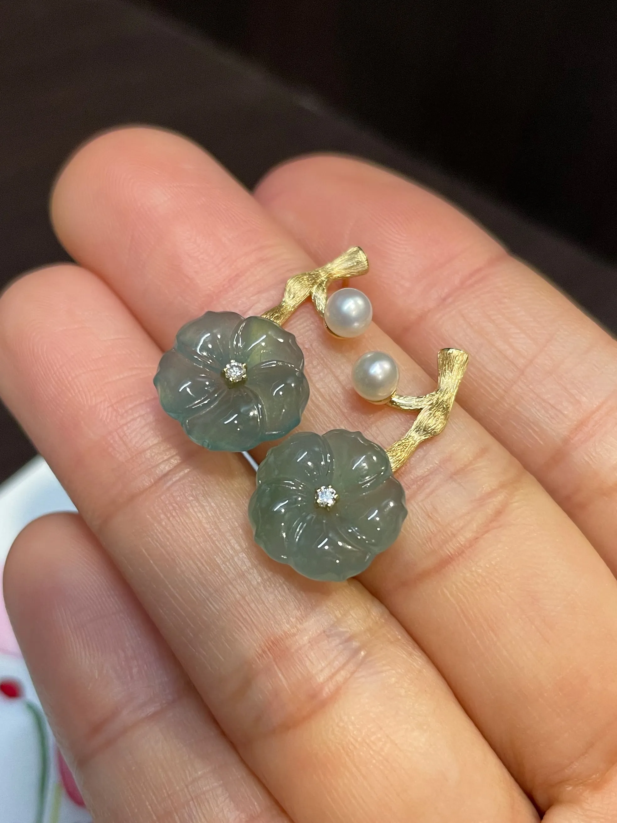 Carved Jade Earrings - Plum Blossoms (NJE052)
