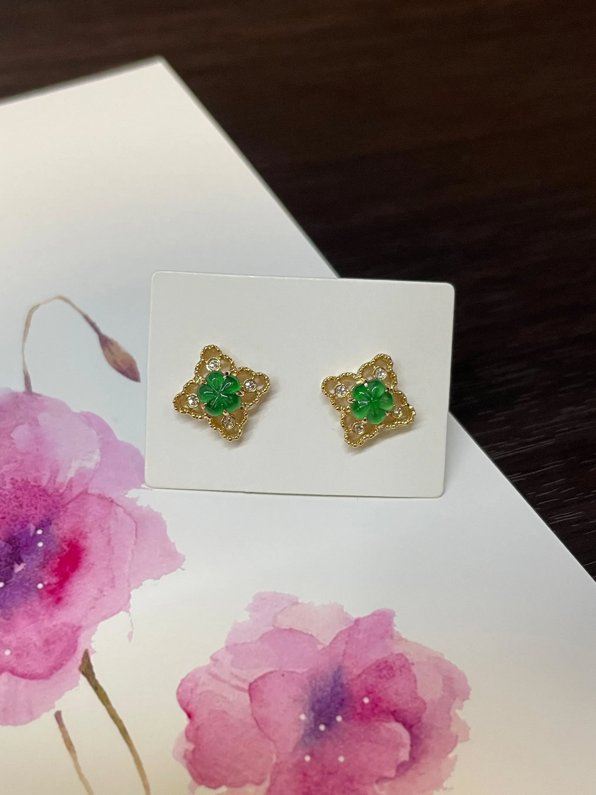 Carved Jade Earrings - Plum Blossoms (NJE055)