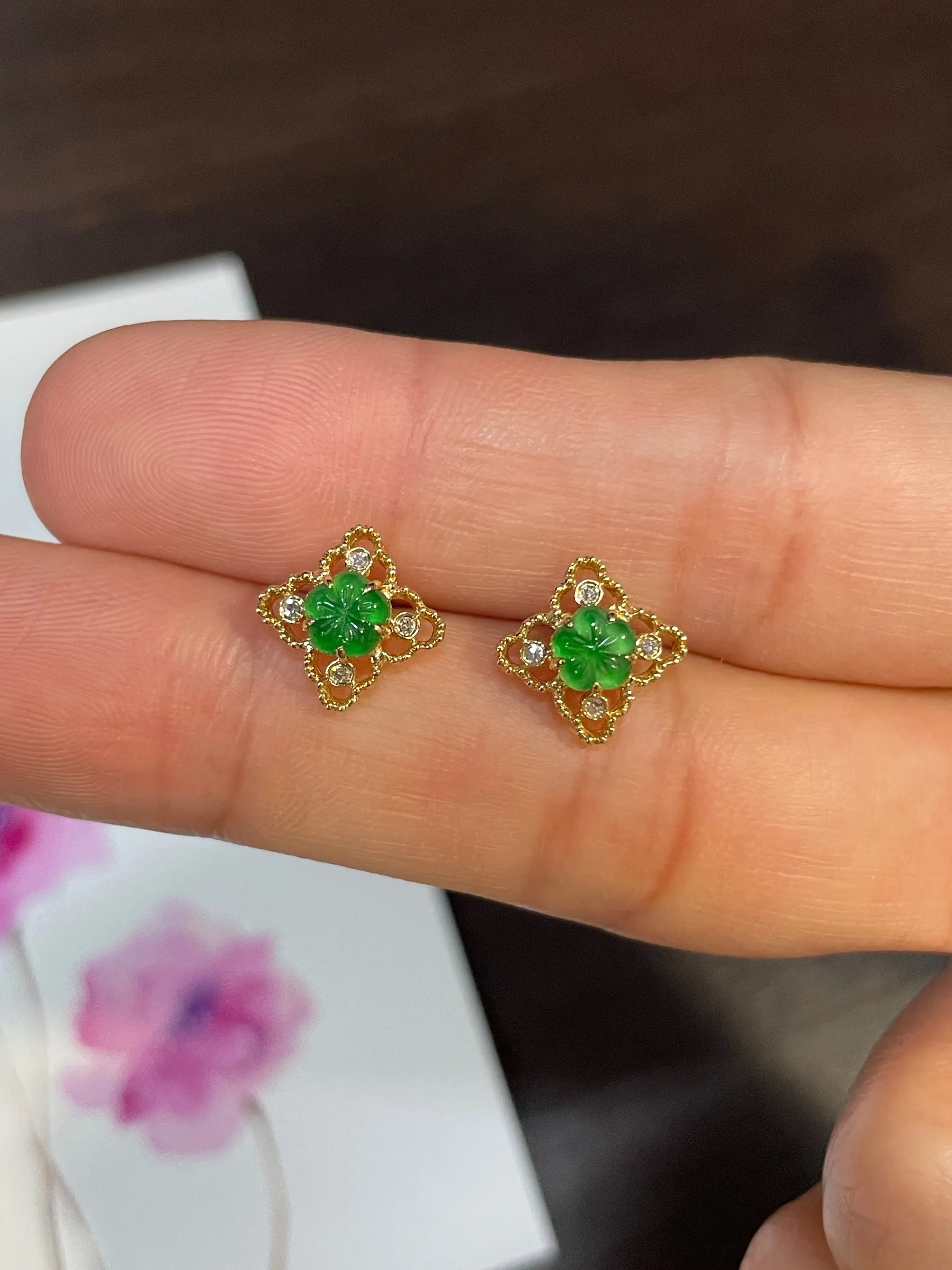 Carved Jade Earrings - Plum Blossoms (NJE055)