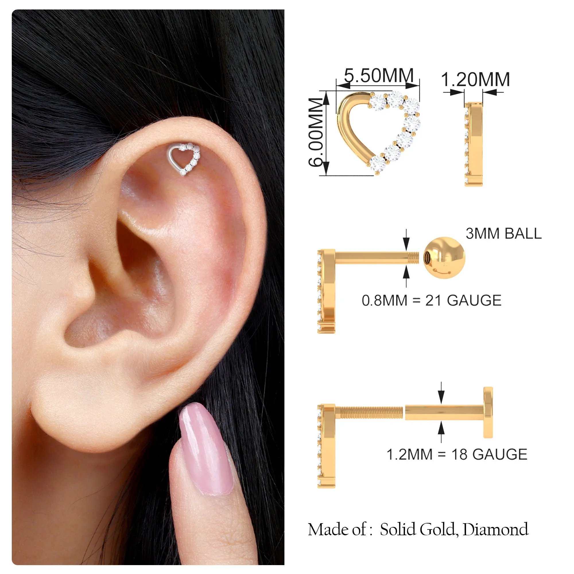 Cute Diamond Gold Heart Earring for Helix Piercing