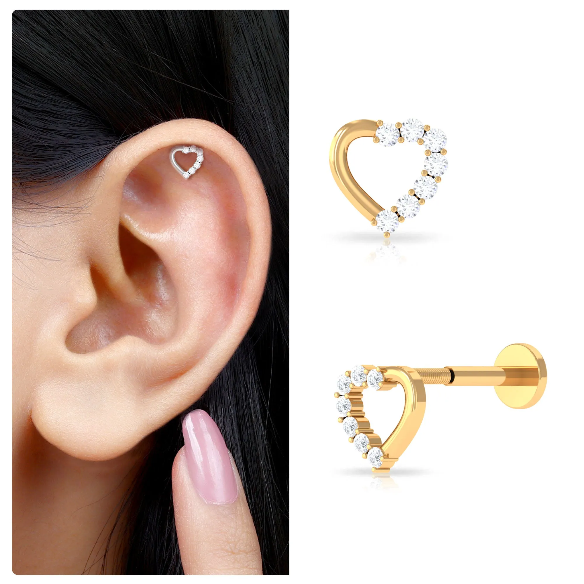 Cute Diamond Gold Heart Earring for Helix Piercing
