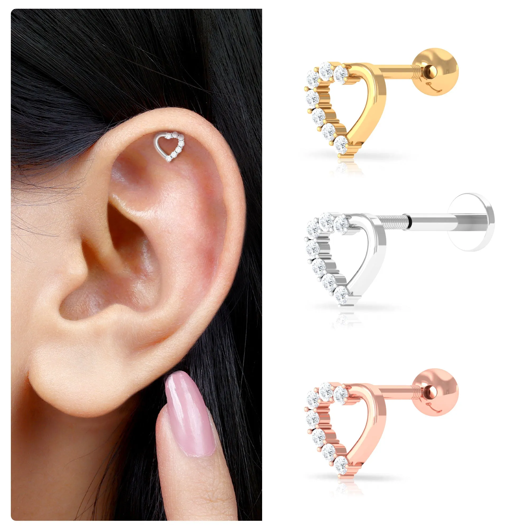 Cute Diamond Gold Heart Earring for Helix Piercing