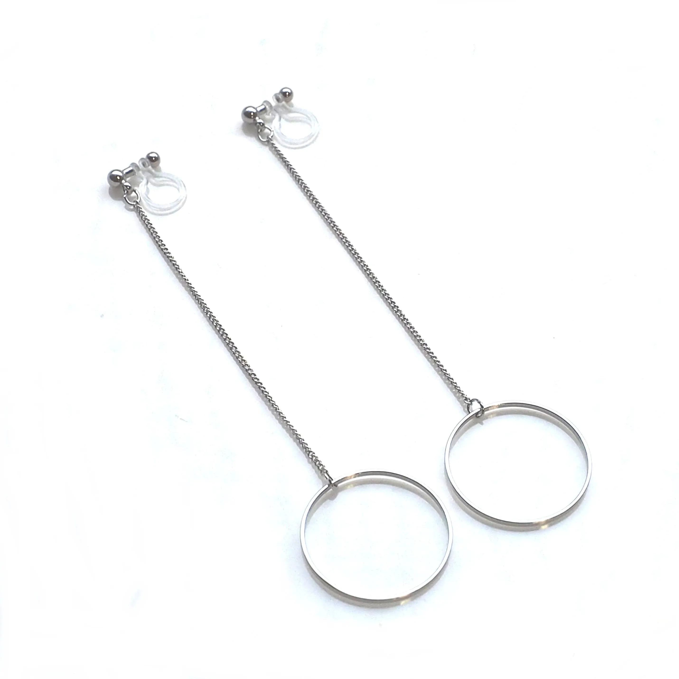 Dangle long silver hoop invisible clip on earrings