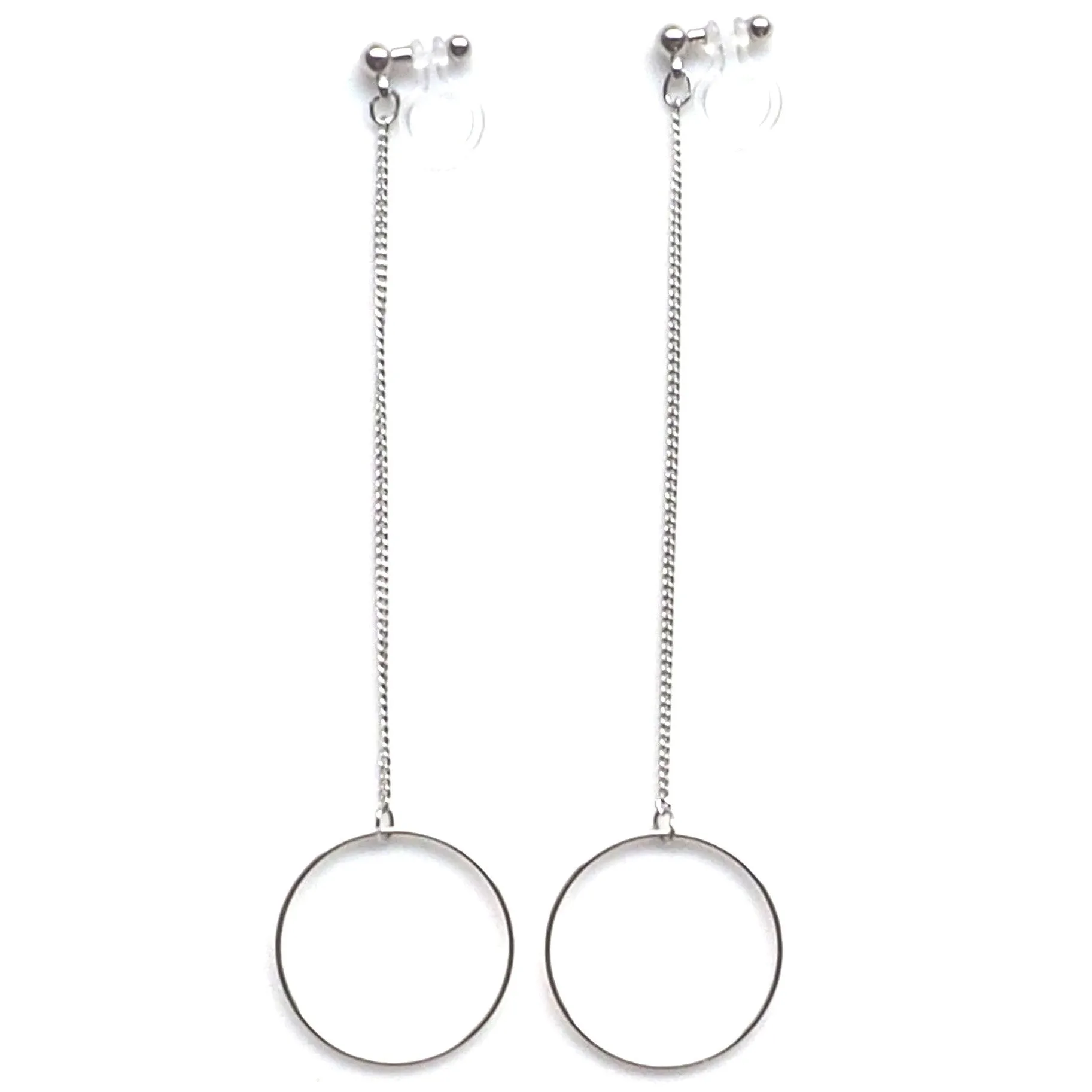 Dangle long silver hoop invisible clip on earrings