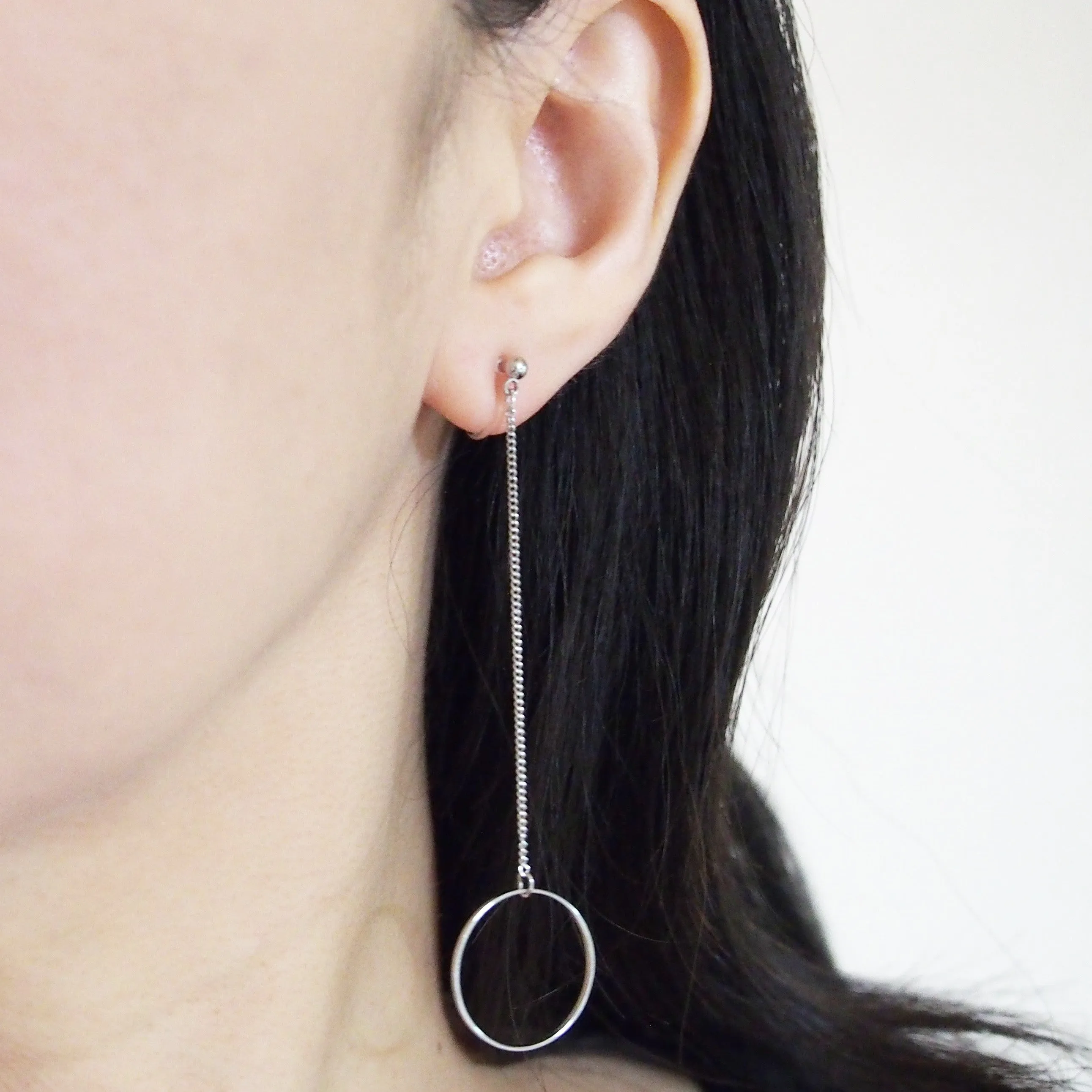 Dangle long silver hoop invisible clip on earrings