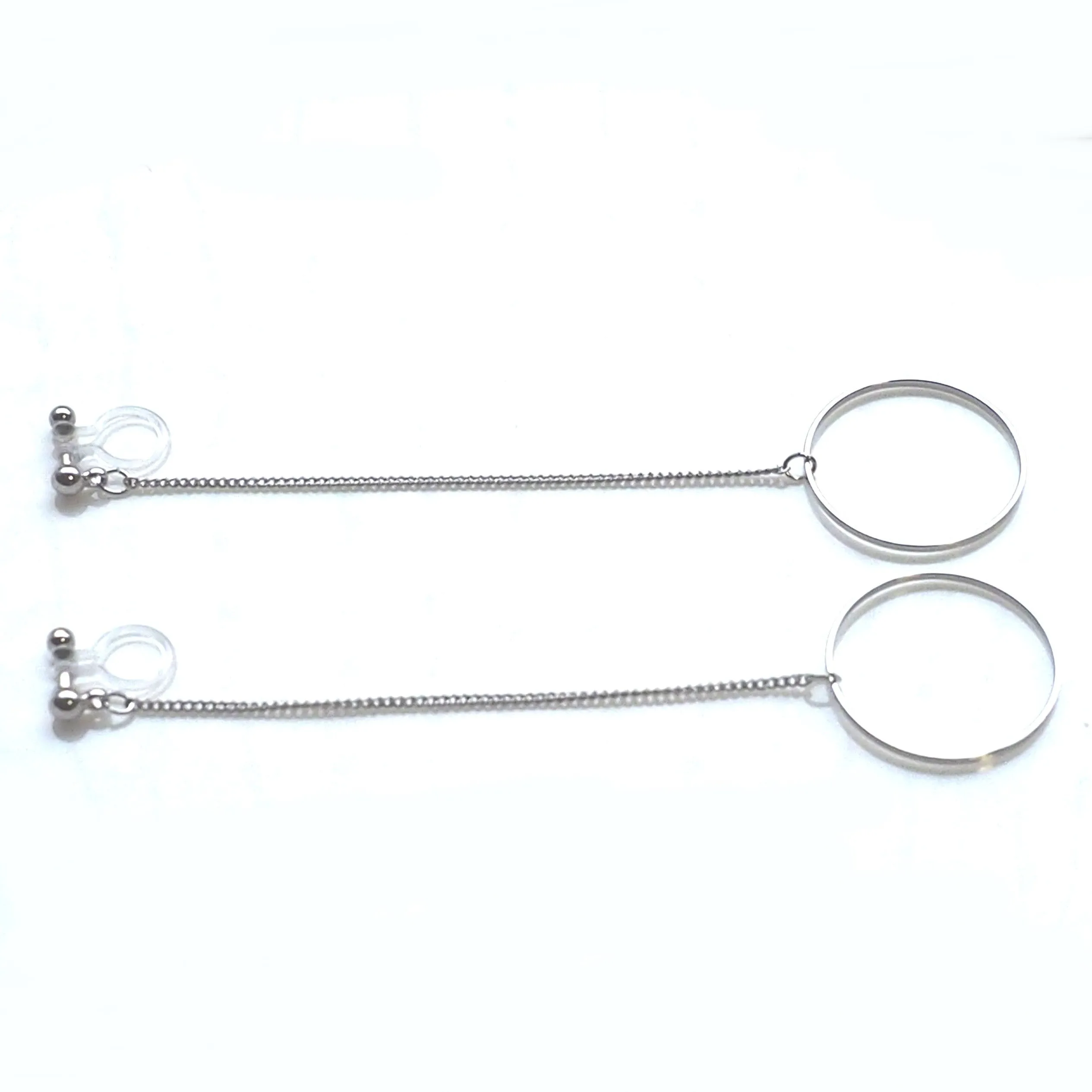 Dangle long silver hoop invisible clip on earrings