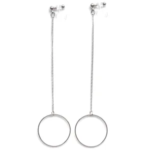 Dangle long silver hoop invisible clip on earrings
