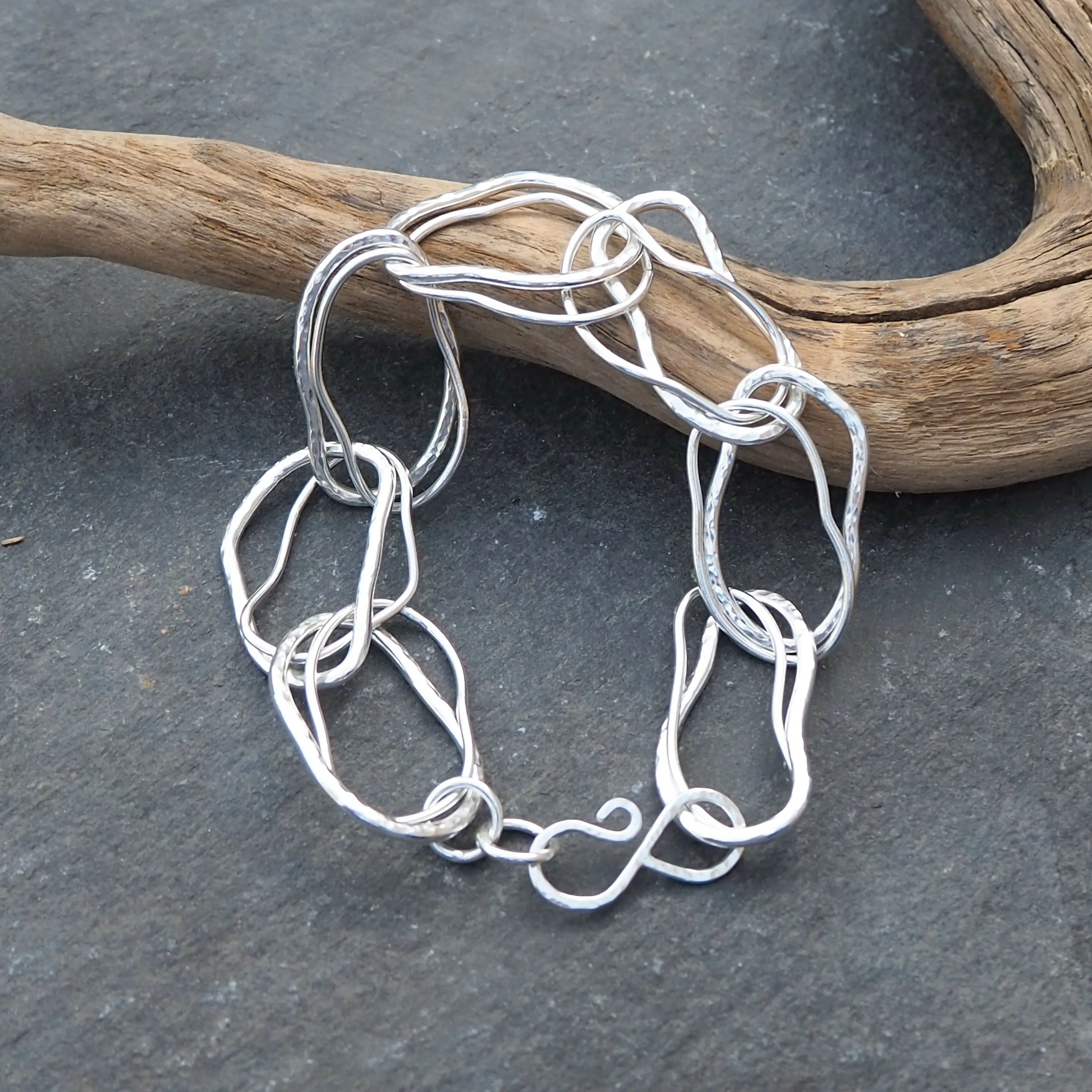 Double Link Argentium Silver Hallmarked Bracelet - Hammered Silver
