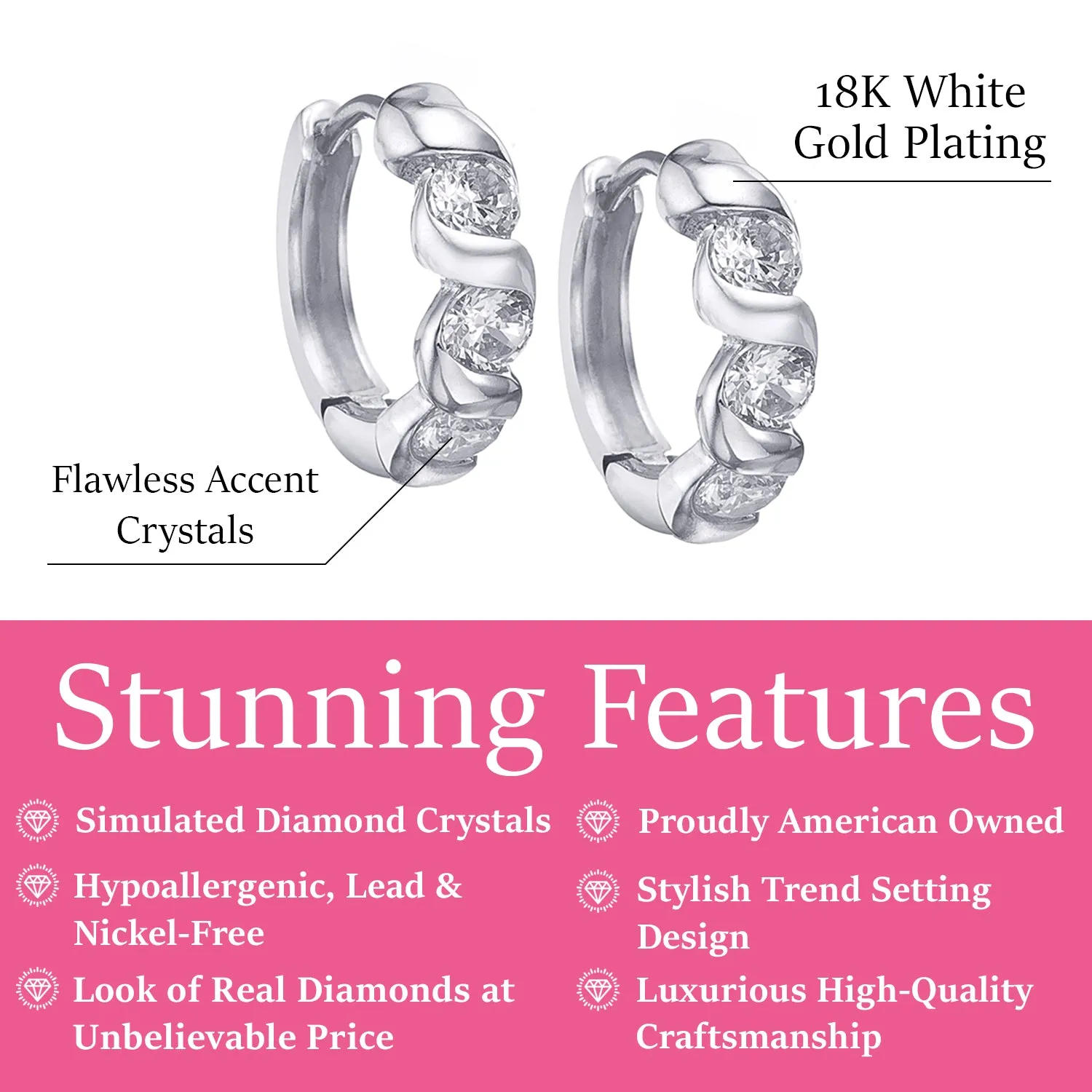 Eleanor 18k White Gold Plated Silver Hoop Earrings with Simulated Diamond CZ Crystals