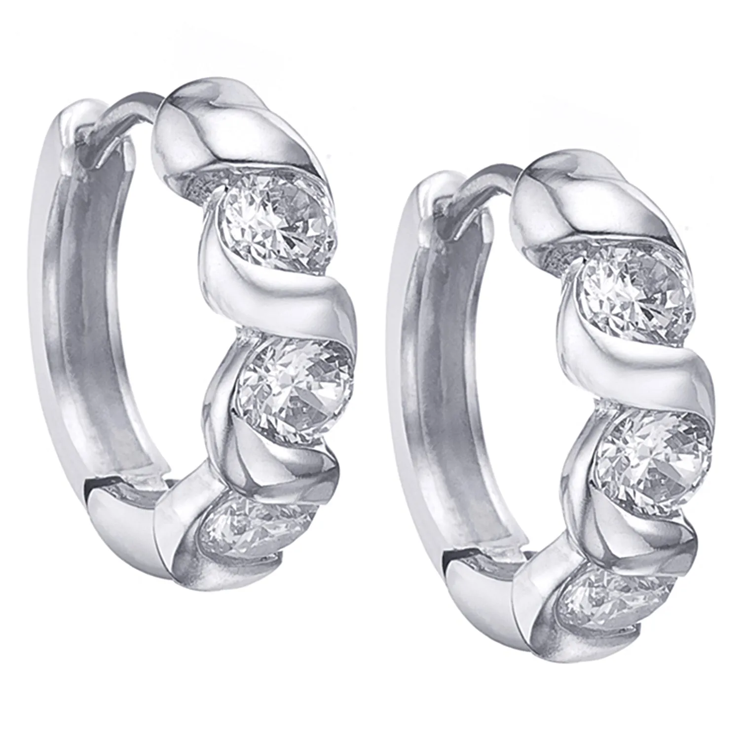 Eleanor 18k White Gold Plated Silver Hoop Earrings with Simulated Diamond CZ Crystals