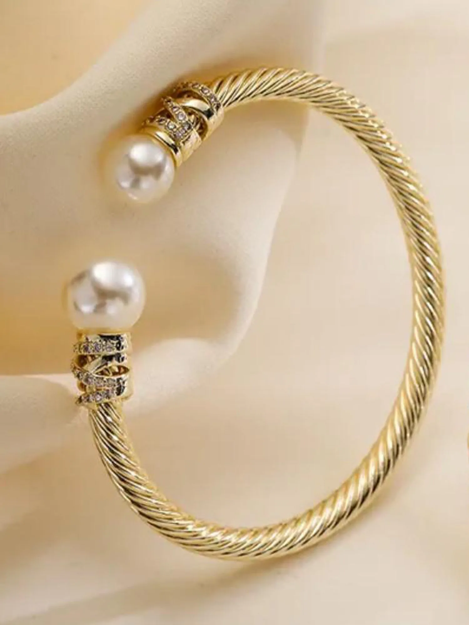 Elegant Adjustable Gold-Plated Bracelet with Zircon & Faux Pearls