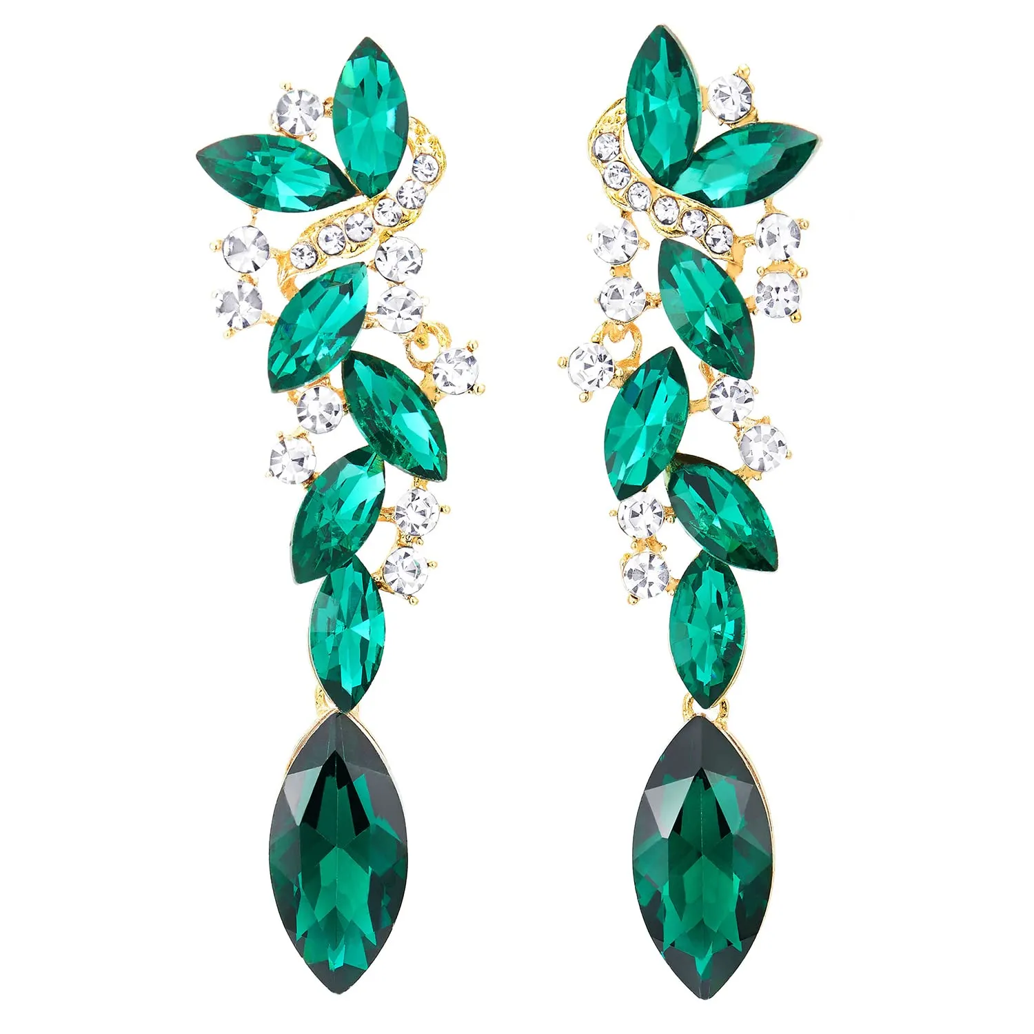 Emerald Green Art Deco Prom Rhinestone Marquise Cluster Chandelier Long Dangle Statement Earrings