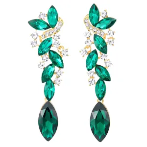 Emerald Green Art Deco Prom Rhinestone Marquise Cluster Chandelier Long Dangle Statement Earrings