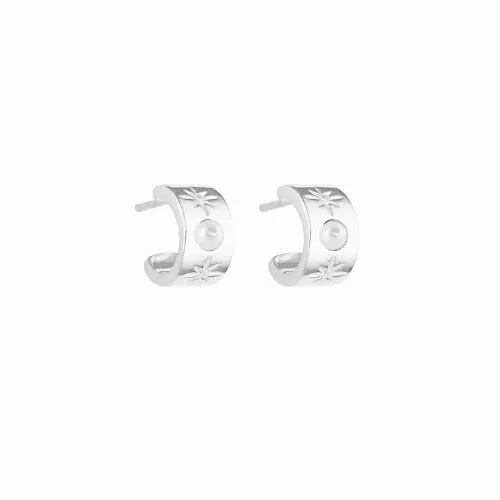 Full Moon Huggie Hoops - Sterling Silver with Pearl
