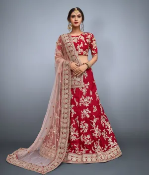 Garnet-Red Art Silk Designer Lehenga Choli With All Over Zari Sequin Work And Soft Net Dupatta