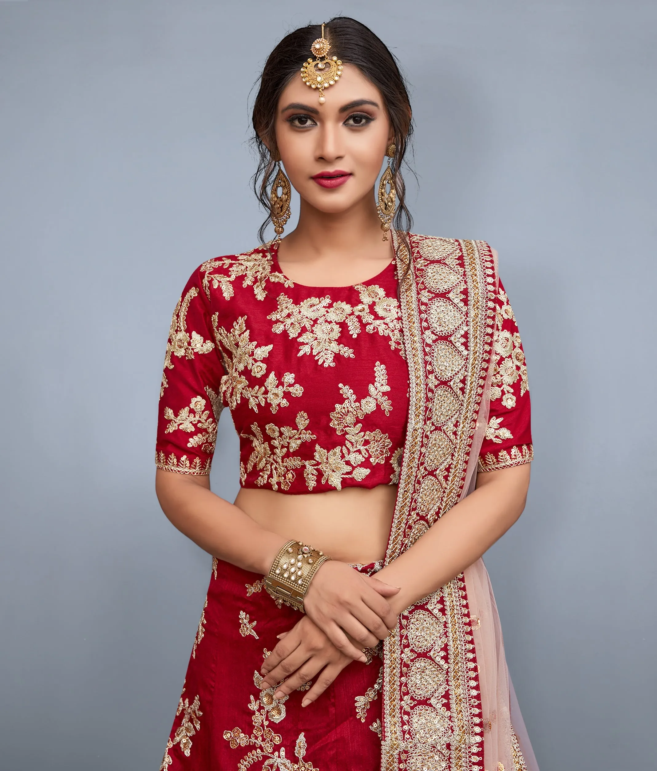 Garnet-Red Art Silk Designer Lehenga Choli With All Over Zari Sequin Work And Soft Net Dupatta