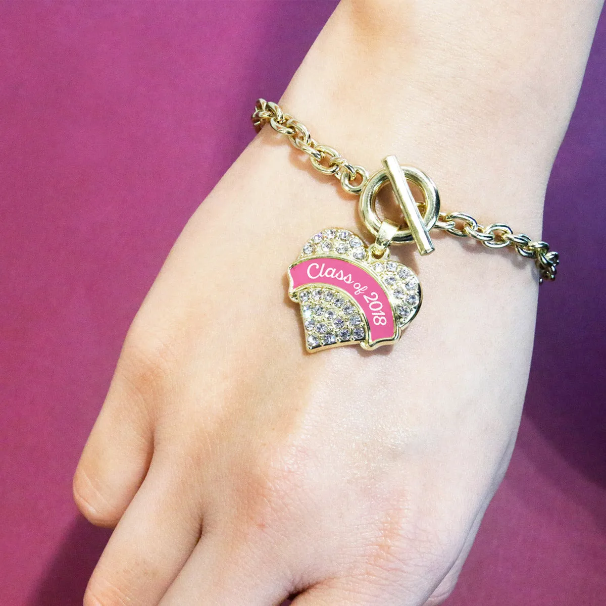 Gold Class of 2018 - Pink Pave Heart Charm Toggle Bracelet