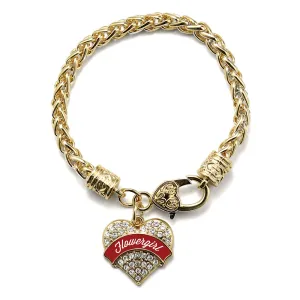 Gold Crimson Red Flower Girl Pave Heart Charm Braided Bracelet