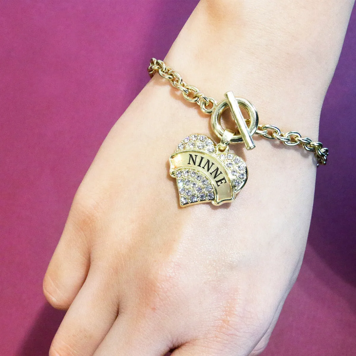 Gold Ninne Pave Heart Charm Toggle Bracelet