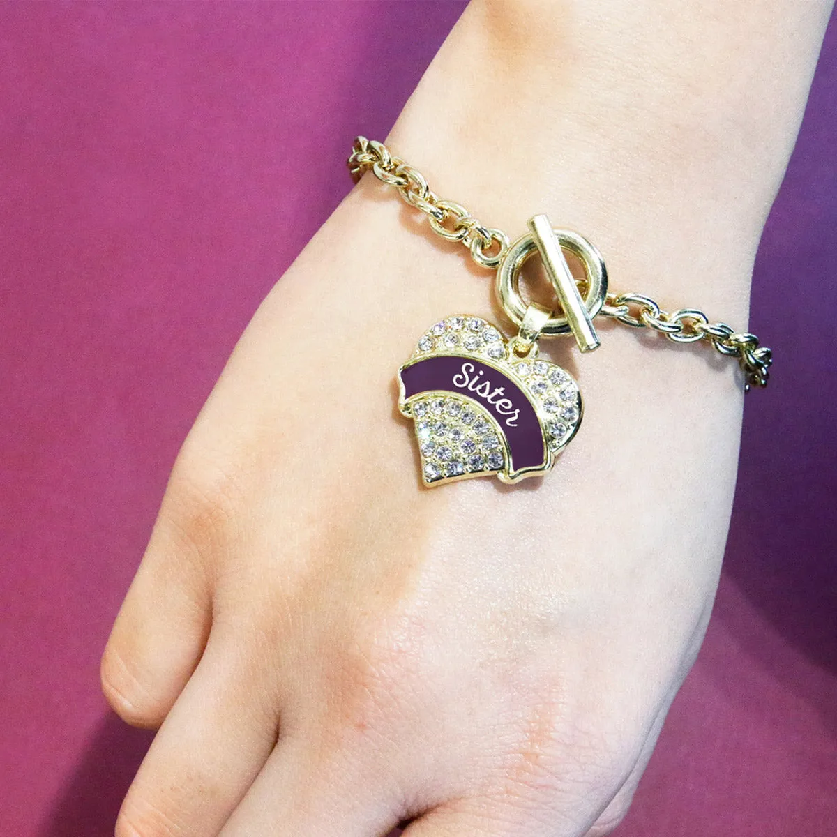 Gold Plum Sister Pave Heart Charm Toggle Bracelet